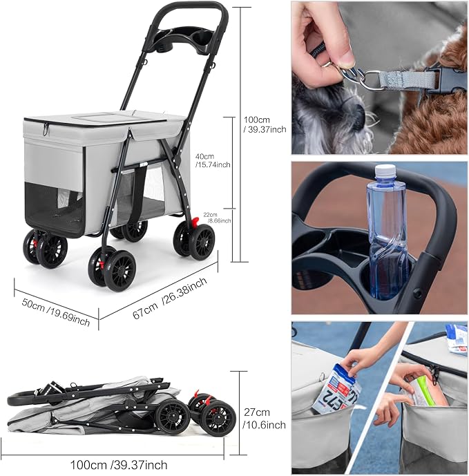 Pet Stroller Cat Dog Stroller Travel Folding Pet Carriers（Gray）