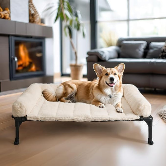 Veehoo Elevated Dog Beds Medium Sized Dog with Fluffy Plush Bolster Cushion | Orthopedic Raised Dog Beds for Indoor Outdoor, Soft Pet Sofa Cot with Removable Washable Mat, No-Slip Feet, 32" x 25", White