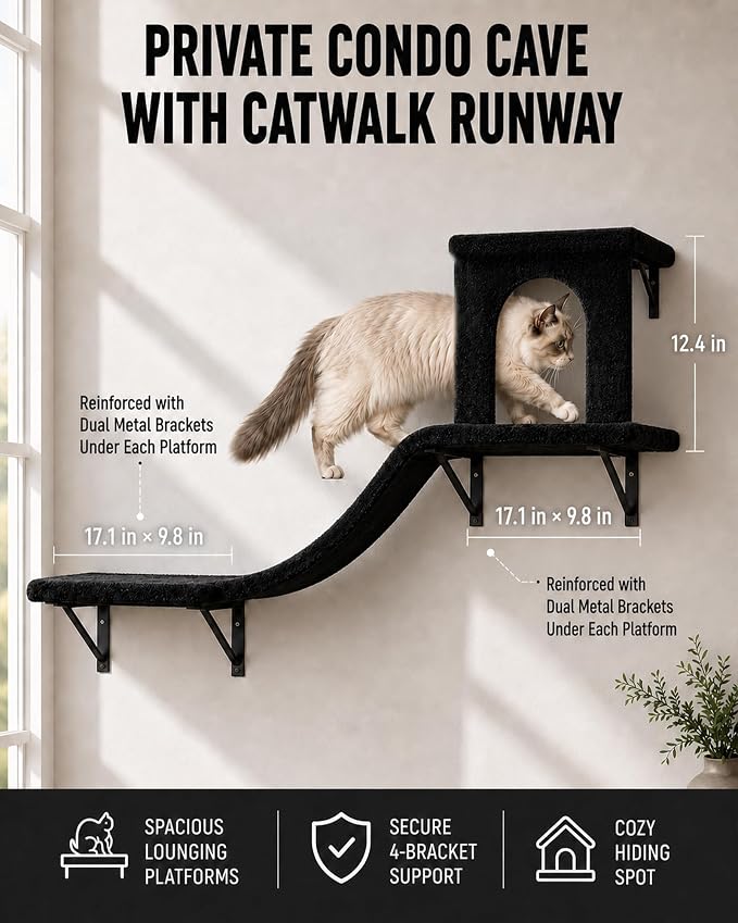 Wall Mounted Cat Furniture Set of 4 – 4 in 1 Cat Wall Shelves with Hammock, Bridge, Climbing Tree & Perch – Shelves for Large Cats, Holds Up to 30 lbs, Indoor Playground
