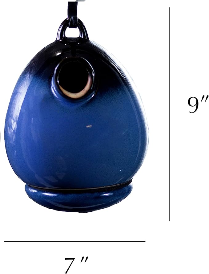 Byer of Maine Egg Bird Home for Small Songbirds, Cobalt Blue, High Fired Porcelain Stoneware, Ceramic Bird House, Glaze Finish, with Forged Steel Hook