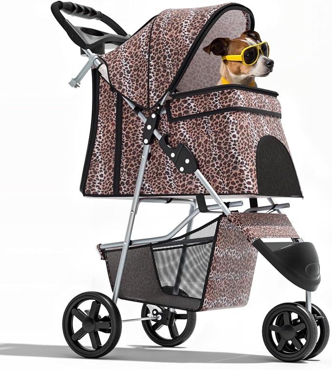 Magshion 3-Wheel Pet Stroller, Foldable Travel Jogger for Small & Medium Dogs & Cats (Up to 33lbs), Lightweight Carrier with Breathable Mesh Cover, Cup Holder & Storage Basket, Leopard Print
