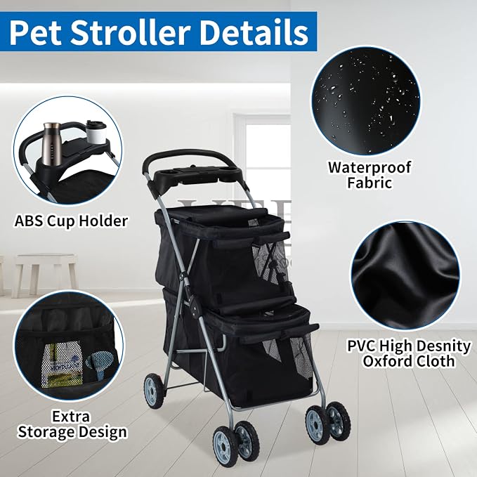 Dog Stroller 4 Wheels Cat Strollers Double Layer Pet Strollers Pet Carriers Jogger Stroller for Medium Dogs Cats Travel Camping Strolling Cart with Cup Holder Removable Liner, Black