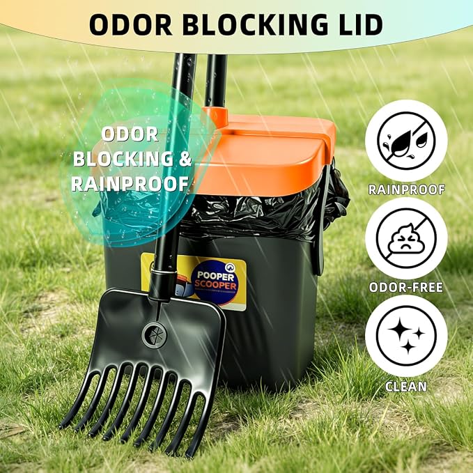46" Pooper Scooper Swivel Bin & Rake for Large Small Dogs with Bag Attachment, Long Handle Poop Scooper with Lid for Yard (Orange)