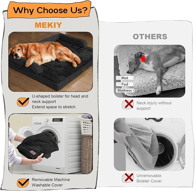 Orthopedic XL Dog Bed with Bolster for Extra Large Size Dogs | Pillow Support for Neck Relief, Egg Crate Foam, Skin-Friendly Surface, Waterproof Liner, Anti-Slip Bottom, 42 x 30 Inch