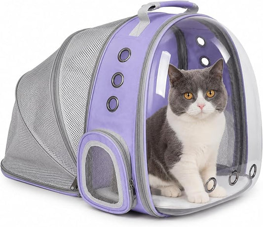 Expandable Cat Backpack Carrier, Breathable Clear Bubble Window Pet Carrier for Small Dogs and Cats up to 12 lbs, Airline Approved Travel Bag for Hiking and Outdoor Use (Back Expandable-Purple)