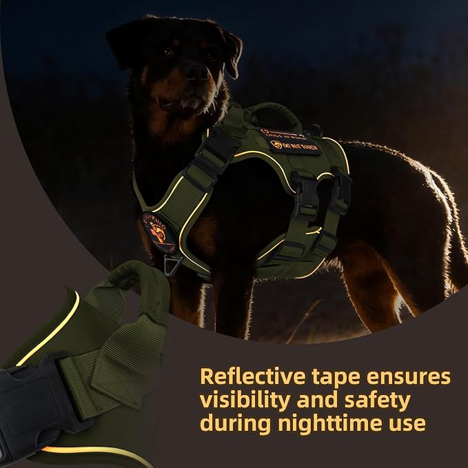 Reflective Tactical Dog Harness with AirTag Holder&3 Pet Patches, Green XL | Heavy Duty No Pull Dog Harness, Adjustable Dog Harness, Two Handles, Breathable Mesh Padding, Resists Dirt and Stay Clean