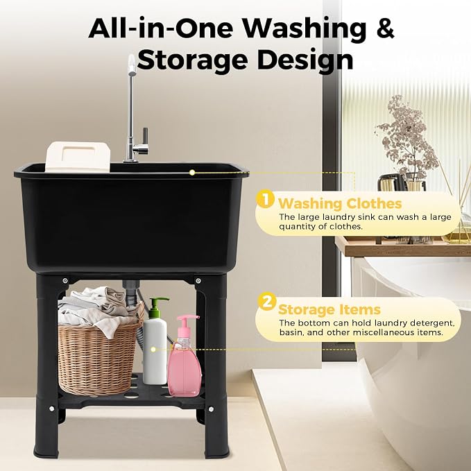 Plastic Outdoor Sink Utility Tub with Hose Hook Up Black | 110.23 lbs Load Capacity, 360° Swivel Faucet, Includes Washboard, Bottom Storage Board, Suitable for Garages and Gardens