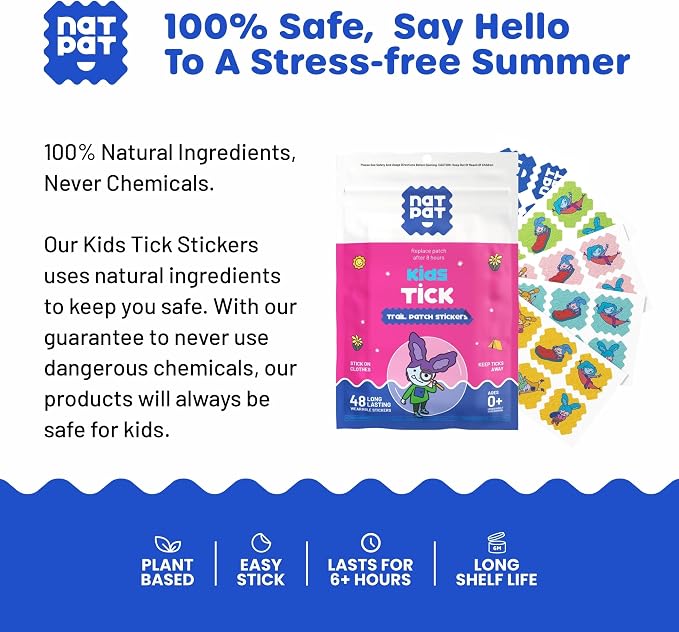 NATPAT TrailPatch Tick Repellent Stickers for Kids - All Natural Chemical Free Outdoor Bug Patch for Toddlers, Kids (48 Pack)