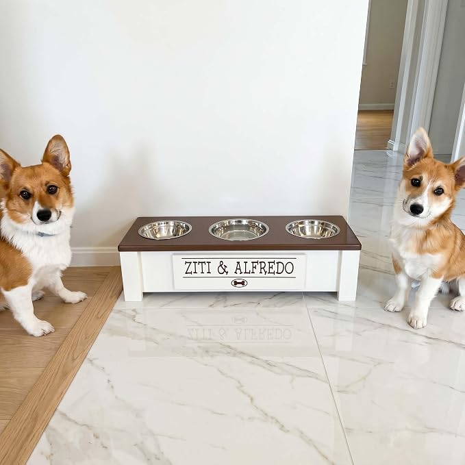 3 Bowl Dog Feeding Station, Personalized Triple Bowl Food Stand Small Dogs | Farmhouse Style, Elevated Wood Stand, Storage Container, Stainless Steel Bowls, Raised Feeder, Small Breed, Made in USA
