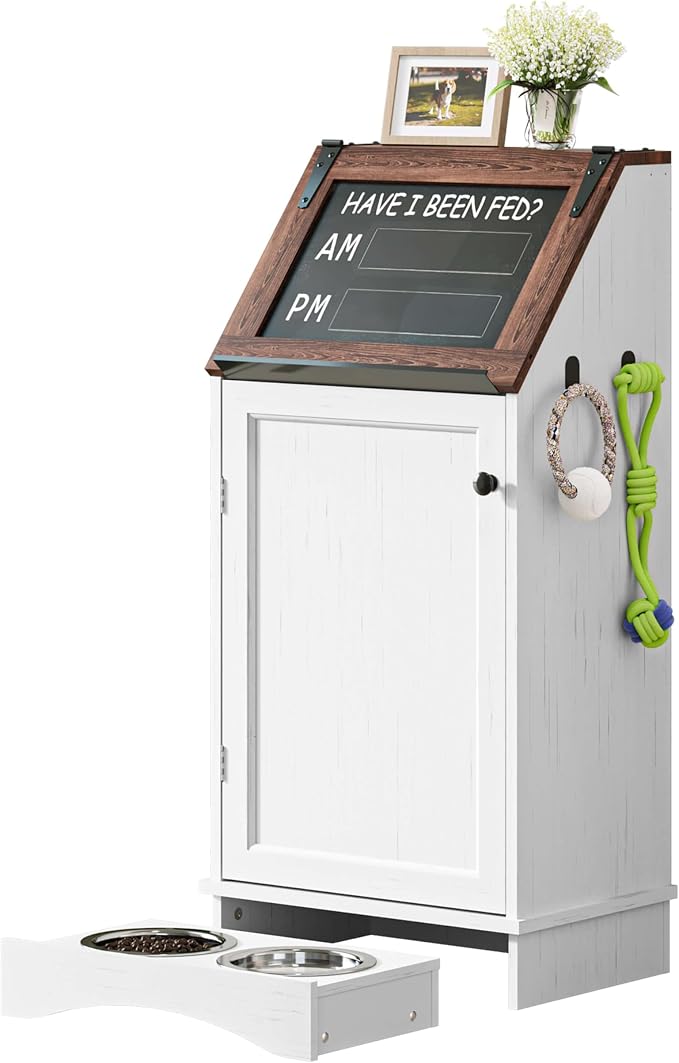 FIMELLO Dog Feeding Station with Storage, Dog Food Cabinet with 2 Hidden Feeding Bowls, Flip-Top Pet Storage Cabinet, Pet Food Holder, White Grain