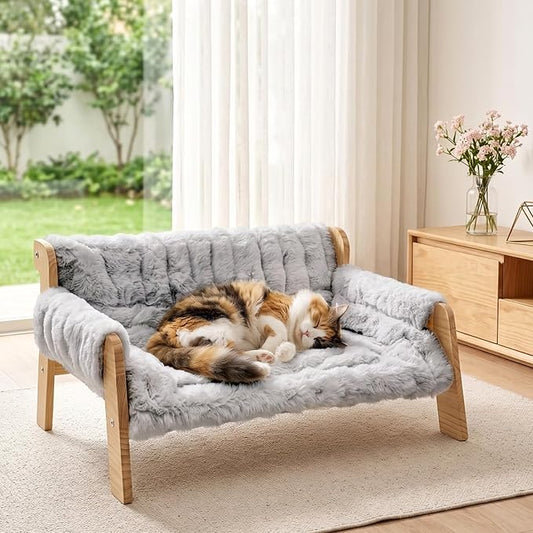 homegroove Elevated Cat Couch Bed, Wood Cat Sofa for Indoor Cats, Gray | 27"L x 18"W x 11.8"H, solid wood cat bed with removable washable cushion, available in white and gray, for cats & small dogs