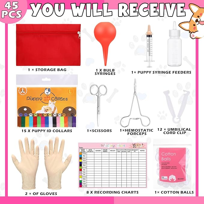 PullCrease 45 Pcs Puppy Dog Kitten Whelping Supplies Starter Kit for Birth Include Pet Playpen Whelping Collar Cord Clamp Bulb Aspirator Syringe Bottle Scissor Glove Bag for New Born Pet Supplies