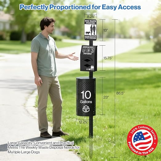 POCHAR Dog Waste Station, 10 Gallon Locking Bin with 600 Bags | Aluminum outdoor Trash Can, Waterproof Poop Disposal Bin with Sign and Lid for Park, Trail, Yard (Black)
