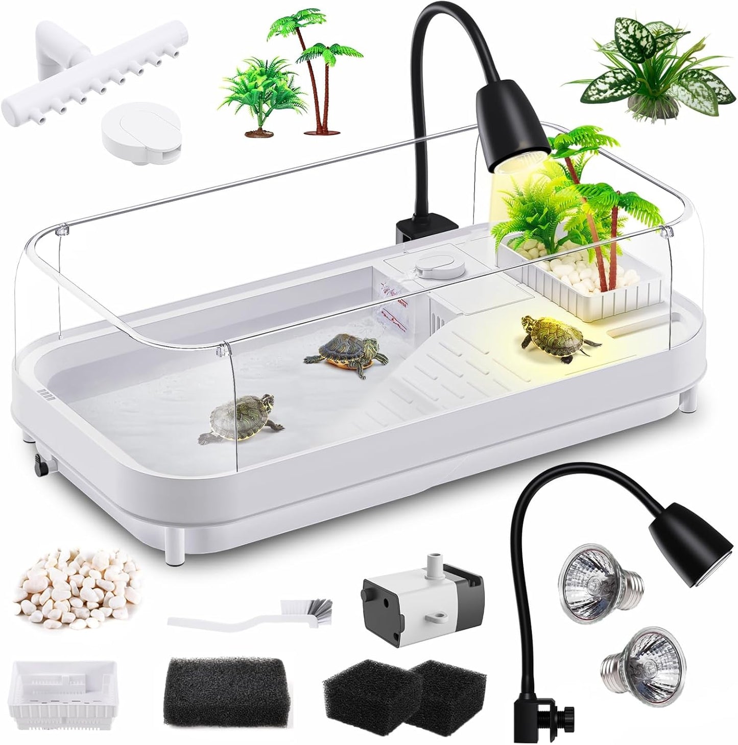 Large Turtle Tank Kit (Tank + Lamp + Filter), Acrylic Turtle Tank Starter Kit, Tank Aquarium with Heightened and Curved Fences, Bottom Drainage, Multi-Function Areas (Black Lamp)