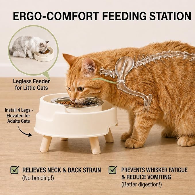 Ant Not Cross Elevated Cat Bowls Mess Proof-2 Food Grade Glass Bowls & 1 Lids- No Spill Cat Food and Water Feeding Station for Cats&Puppy Indoor & Outdoor,No Whisker Fatigue Dish,Beige