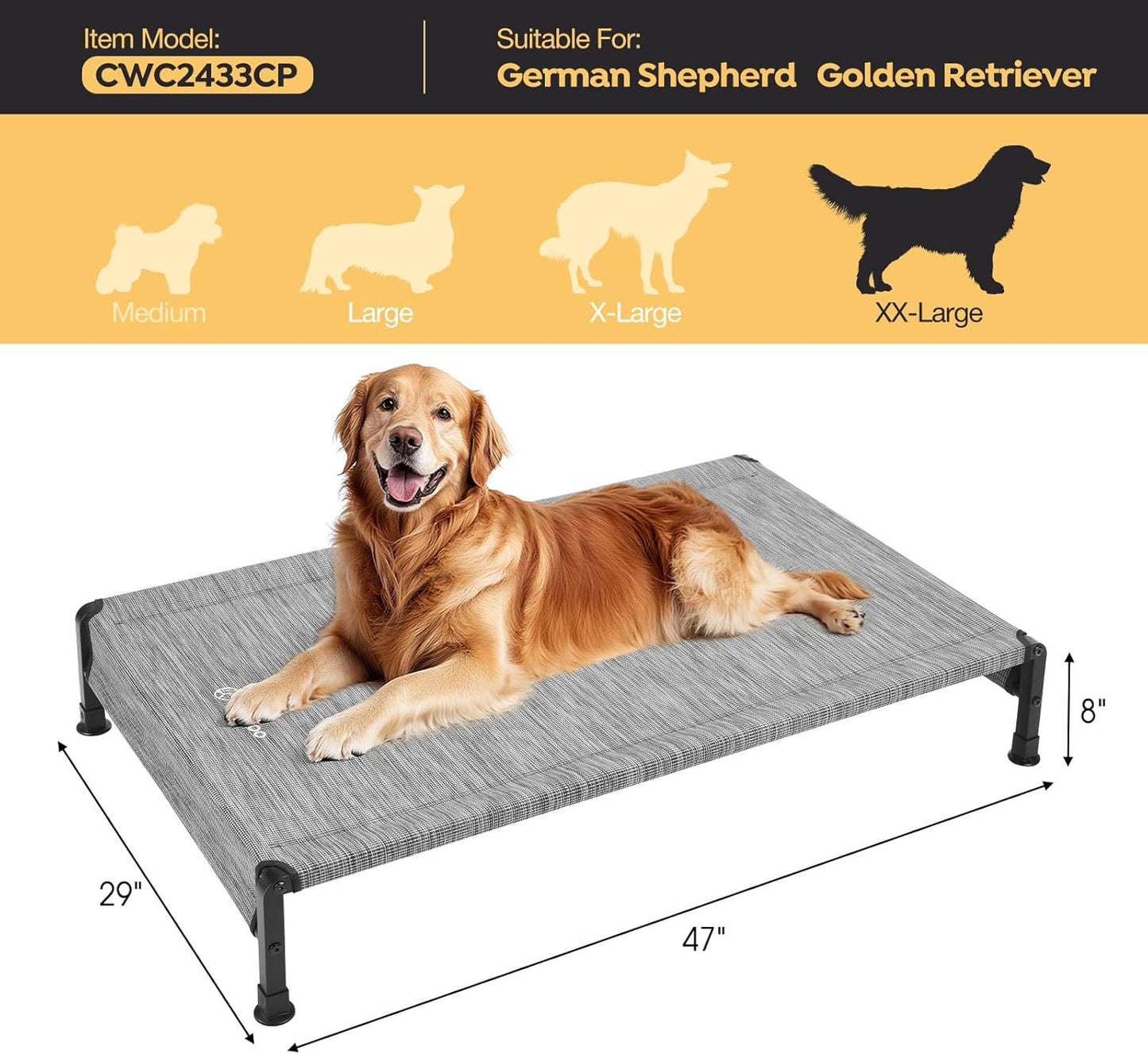 Veehoo Cooling Outdoor Dog Bed, Heavy Duty Elevated Pet Bed with Washable & Breathable Teslin Mesh, Non-Slip Silicon Feet, Dog Cot Bed with Support Hem, 47" x 29", Black Silver, CWC2433