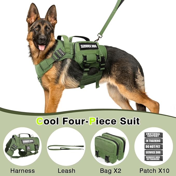 Tactical Dog Harness with Dog Leash, Service Working MOLLE Vest with 10 Pet Patches for Dog, No Pull Military Harness and Backpack for Training Hunting Walking