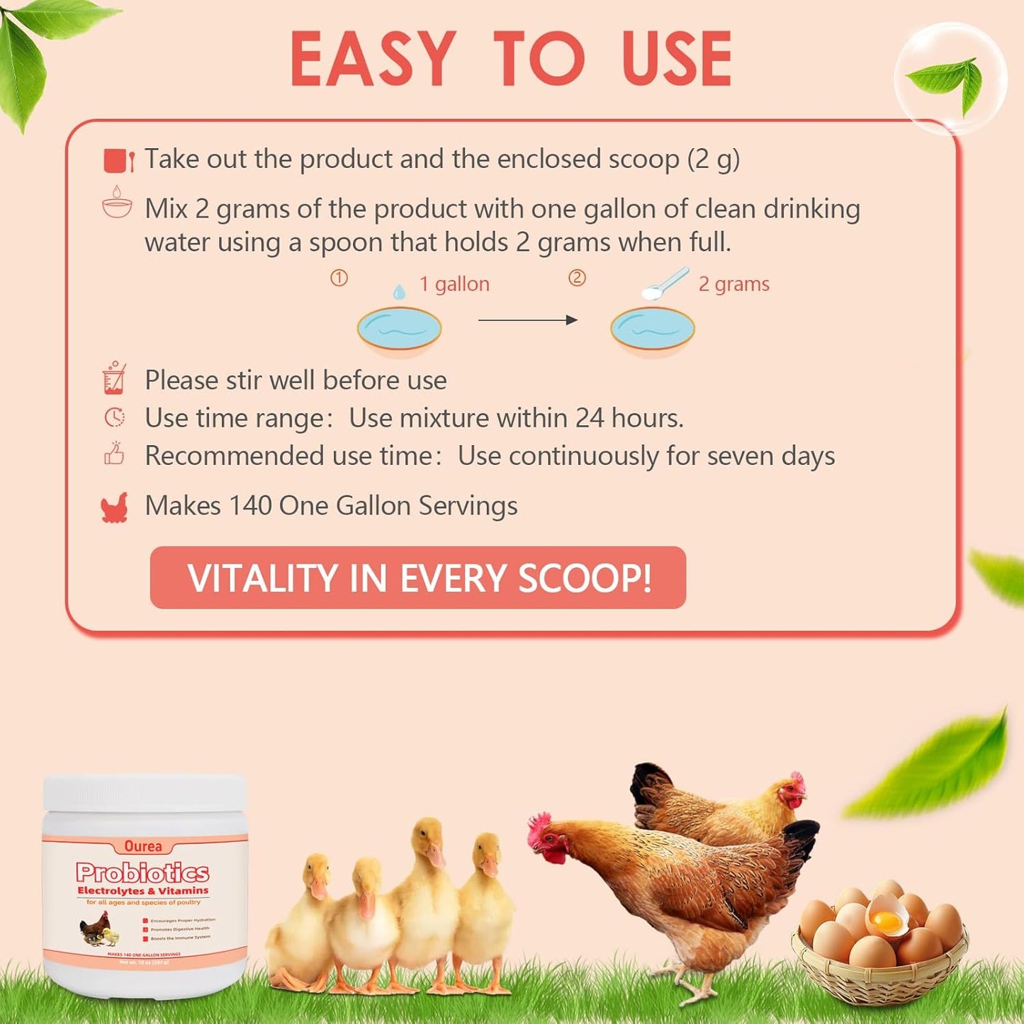 Chicken Electrolyte, Vitamin & Probiotic Supplement - Support Hydration Digestion Immunity Egg Production – Poultry Supplement for Chickens, Ducks, and All Ages of Birds – All-Season Use,10oz Powder