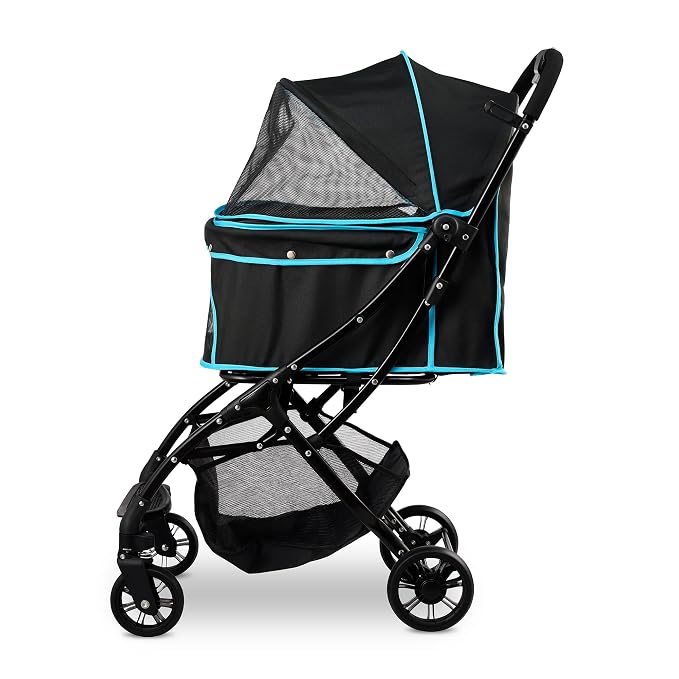 Carlson Pet Stroller for Dogs and Cats up to 30 lb, Foldable Travel Stroller with Mesh Canopy, Umbrella, Swivel Wheel, Rear Brakes, Reflective Trim, Black
