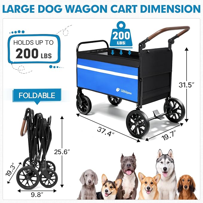 LUFFWELL Foldable Dog Wagon with Ramp, Medium & Large Dogs, Blue | All-terrain wheels, One-step brake, Adjustable handle, Side pockets, 200 lb capacity