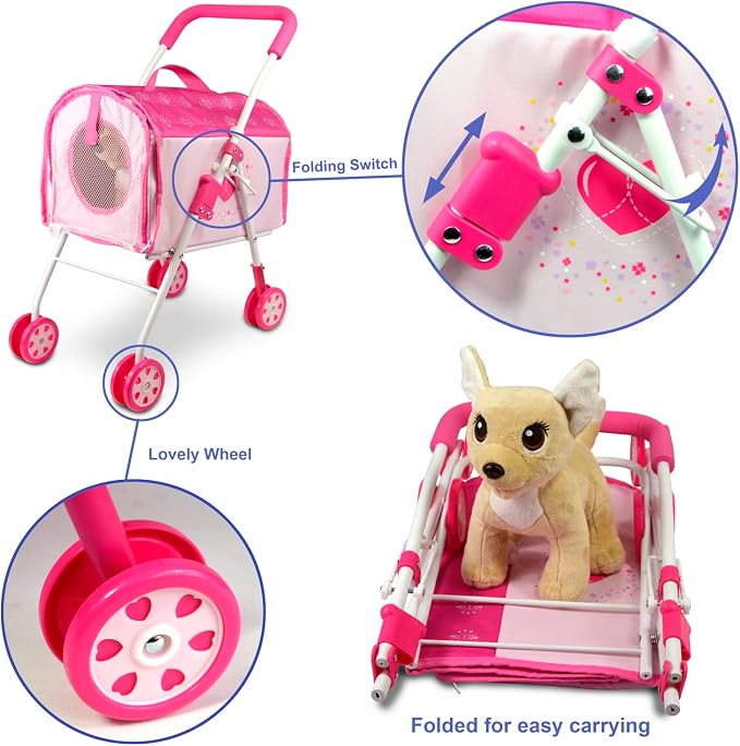 ANIVIA Pet Stroller and Accessories for Kids Ages 3 to 7 Year Olds, Dog Toy for Toddlers, 2 Pieces Play Dog Set, Puppy Party Playset with 1 Pet Puppy Included Pink