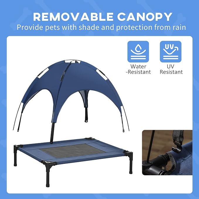 PawHut Elevated Dog Bed with Removable Canopy, Outdoor Dog Cot with UV Protection Canopy Shade, 30 inch Pet Bed for Camping, Dark Blue | Large Pet Bed, Outdoor Dog Cot, UV Protection Shade, Camping