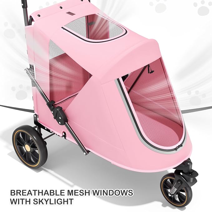 MoNiBloom Pet Stroller for Large Dogs or Dogs Cats up to 55 lbs, Pink | with Adjustable Handle, 3-Wheels Dual Entry Portable Dog Carting Easy Folding Pet Wagon Double Multiple Dog Stroller