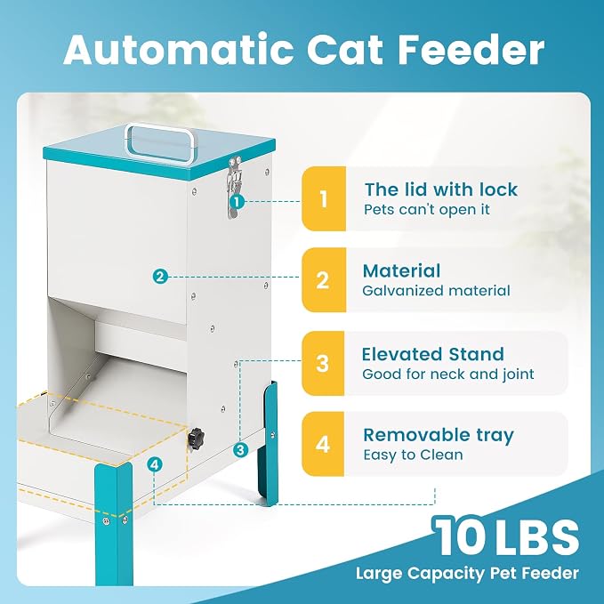 Automatic Cat Feeder, Elevated Dog Bowl Food Dispenser Gravity | 10L Galvanized Automatic Dog Feeder Elevated Cat Feeder Removable Feeding Tray Raised Pet Feeder for Dogs and Cats