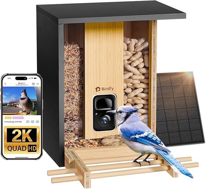 NETVUE by Birdfy Smart Bird Feeder with Camera Solar Powered 2K Live Steam&AI Bird Species Identification&Motion Detection,Birds Watching Wood Feeder for Chistmas Gift for mom,Children and Myself