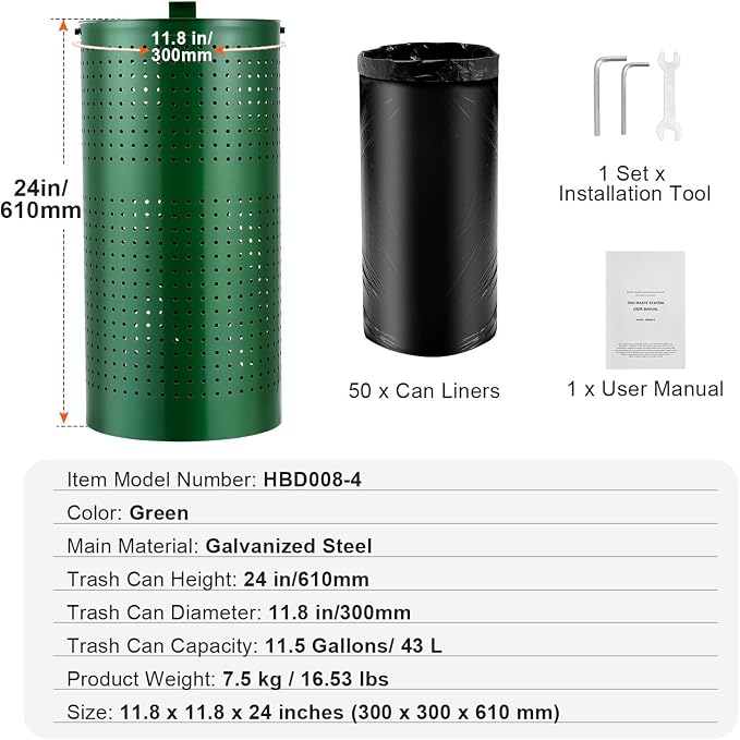 GOWE Dog Poop Trash Can 11.5 Gallons Weather-Resistant Dog Waste Bin with Lid