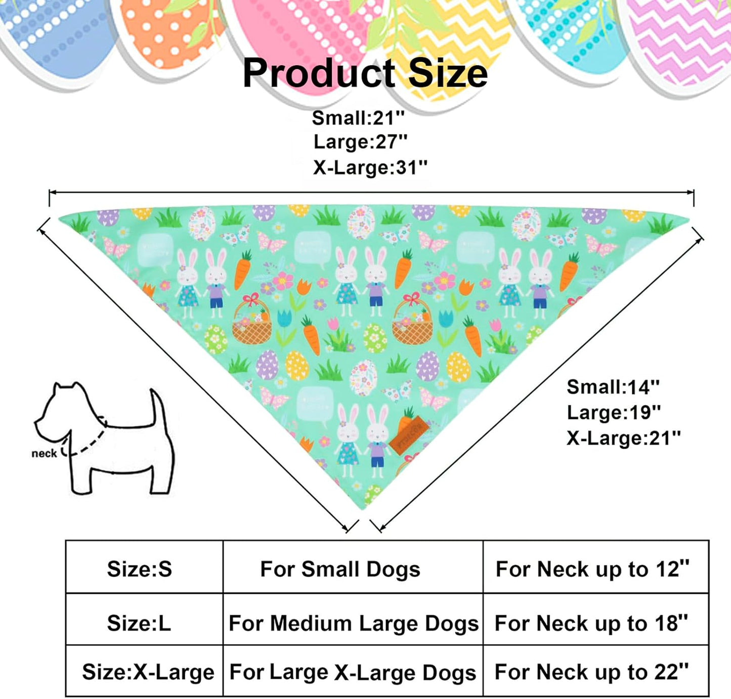 PTDECOR Easter Dog Bandana, Reversible Rabbit Easter Egg Dog Scarf, Multi Size, White Green Bandanas for Medium Large Dogs Pets (White&Green, Large)