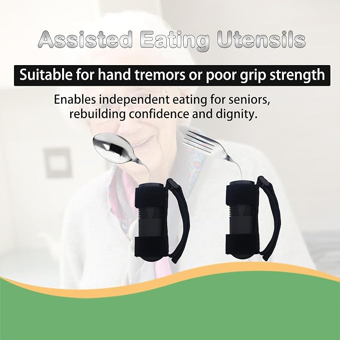 2 Pcs Adaptive Utensils Set with Spoon and Fork, Weighted Adaptive Utensils for Hand Tremors & Parkinson's & Weak Hand Grip with Non-Slip Grip,90° Angled Weighted Silverware for Arthritis