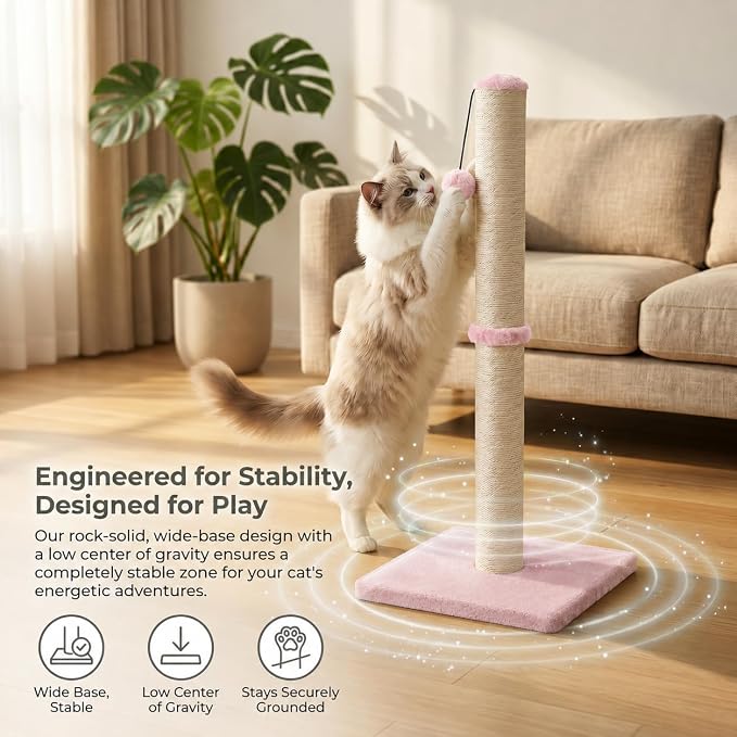 Dimaka Tall Cat Scratching Post, Claw Scratcher with Sisal Rope and Covered with Soft Smooth Plush, Vertical Scratch [Full Strectch] for Standard Size Cats (Pink, 29 inches for All Cats)