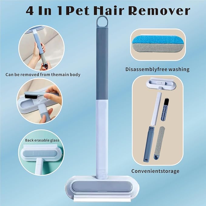 4 in 1 Pet Hair Remover, Reusable Washable Lint Brush for Dog and Cat Hair - Multifunctional Fur Removal Tool, 17.3Inch Adjustable Long Handle, for Couch, Furniture, Carpet, Car Seat, Clothes, Bedding