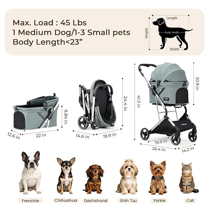 Pet Stroller Dog Cat Stroller for Small Medium Dogs Cats, 4 Wheels Travel Folding Carrier Waterproof Puppy Stroller with Pad, Canopy and Cup Holder, Green