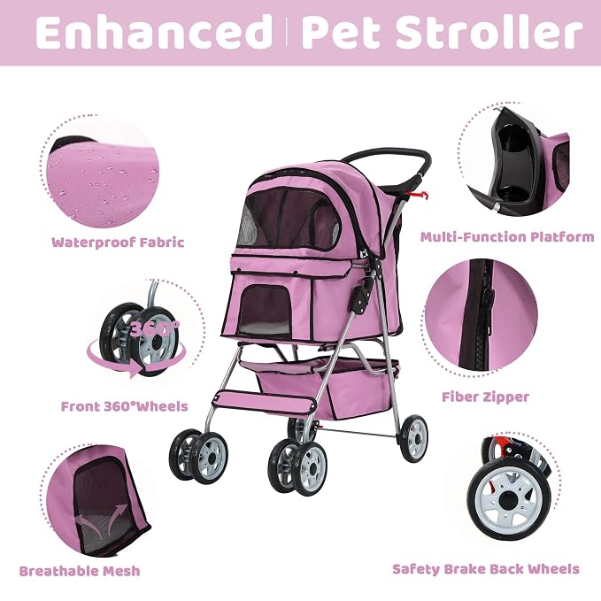 Pet Stroller for Small Medium Dogs & Cats, 4-Wheel Breathable Compact Foldable Dog Carrier with Storage Basket, Outdoor Portable Lightweight Travel Stroller for Camping,Pink
