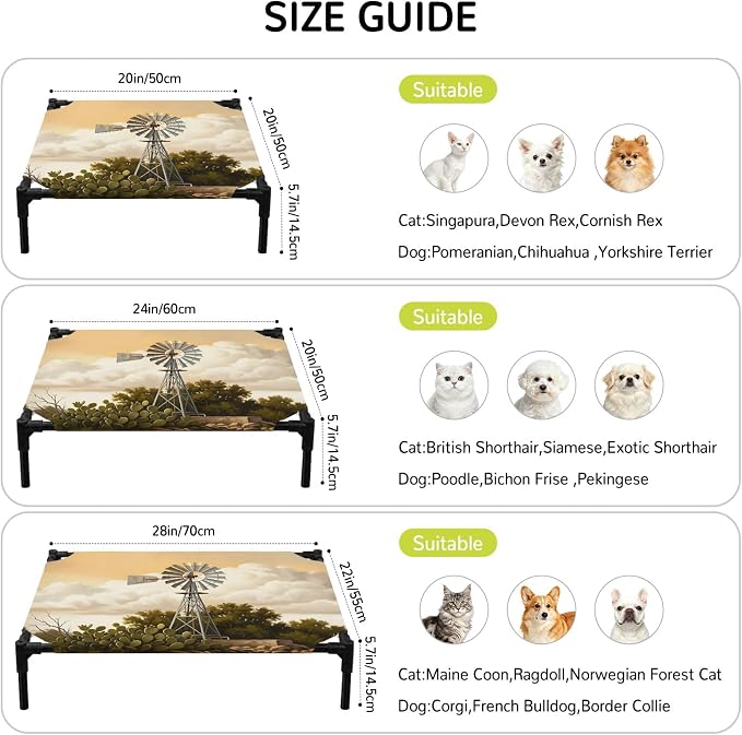 Outdoor Elevated Dog Bed for Medium Dogs, Windmill Breathable Cooling Raised Dog Cot for Indoor/Outdoor, Sunset Horizon Farmhouse Trees Waterproof Elevated Pet Beds, M 24 x 20 in