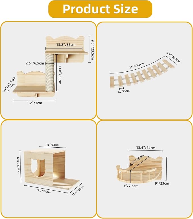 Cat Wall Shelves, 9-in-1 Wood Cat Wall Furniture Set, Burlywood | Cat Climbing Systems for Space-Saving, Wall Mounted Cats Shelves for 16 Inch Drywall, with Scratching Posts, Bridge, Condos
