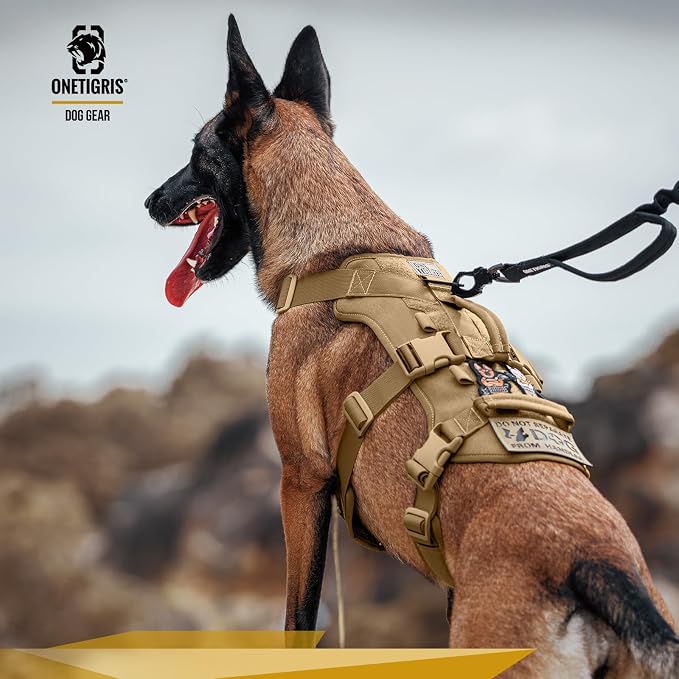 OneTigris Escape Proof Dog Harness, No Pull Dog Harness with Handles, Tactical Multi-Use Support Dogs Harnes for Large Dogs Everyday Wear Walking Hiking Training (Brown, Medium)