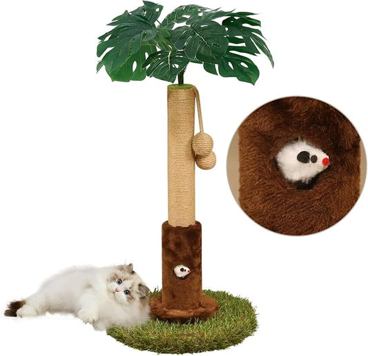 Woochpet Cat Scratching Post for Indoor Cats and Kitten - 24.8" Tall Cat Scratching Post with Sisal Rope,Palm Tree Cat Scratch Post with Hanging Ball, Small Brown