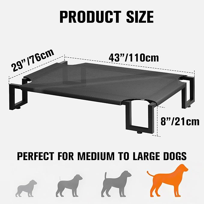 Elevated Dog Bed,Raised Outdoor Dog Bed for Large Sized Dogs Black | Portable Cooling Dog Cot with Washable Breathable Teslin Mesh,Waterproof Pet Bed for Indoor,Durable,No-Slip Feet,110×76×21cm