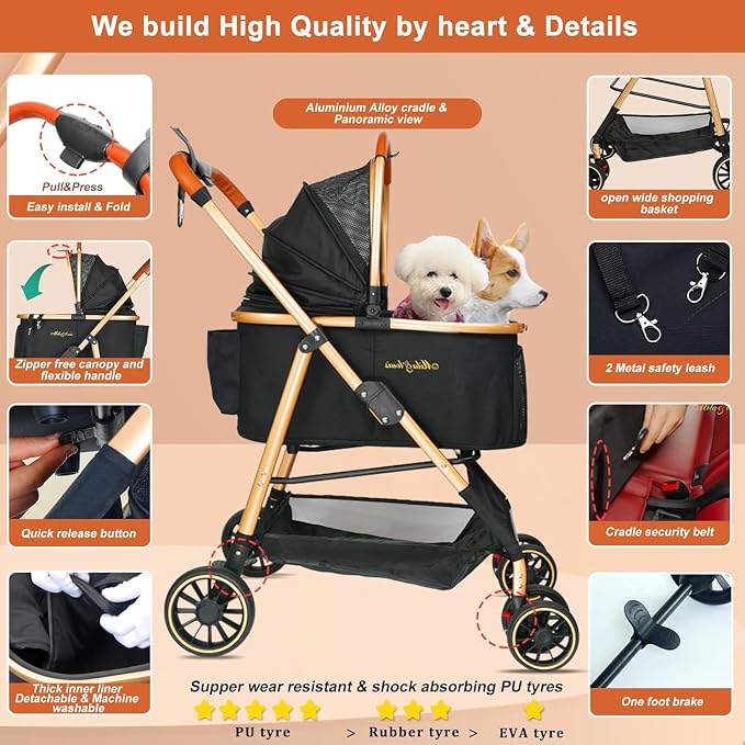 MILA&LOUIS Dog Stroller, 24" Pet Cradle, Lightweight & Stylish Pet Stroller for Small and Medium Pets, 33 Lbs Capacity with Cup Holder, Hook, Detachable Aluminum Cradle (Black)