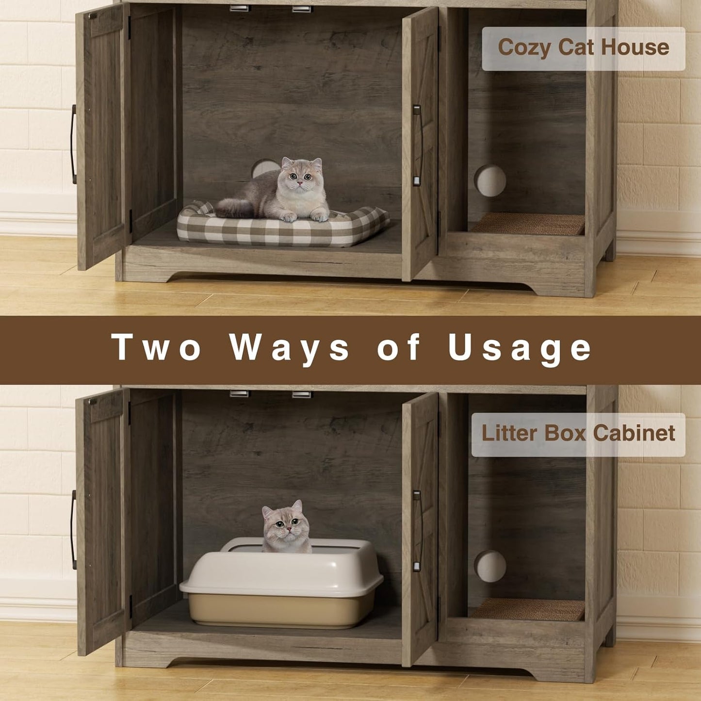 Cat Litter Box Enclosure, Hidden Litter Box Furniture with Scratch Pad, Farmhouse Indoor Cat House Washroom End Table, Grey