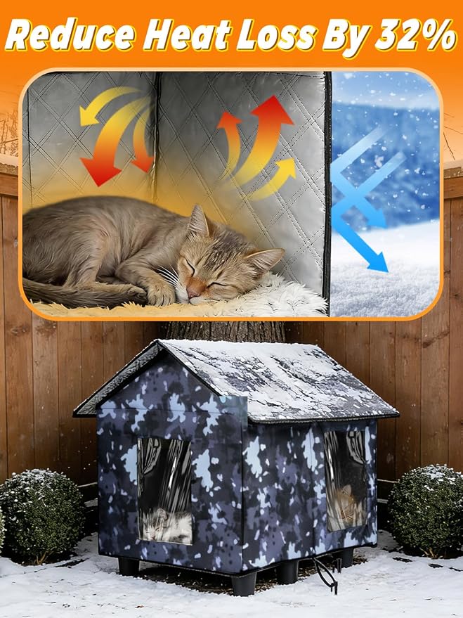 Elevated Insulated Outdoor Cat House Weatherproof - 20"x19"x17" Waterproof PVC Top & Aluminum Film Liner Camouflage Feral Cat Shelters for Keeping Cats Winter Warm, Gray