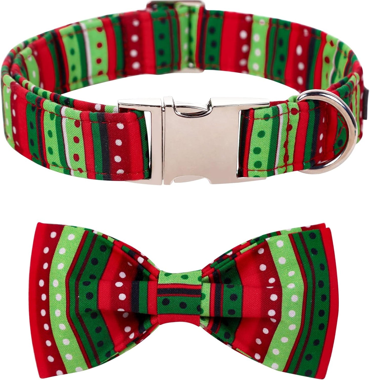Lionet Paws Dog Collar with Bowtie, Detachable Bowtie for Dressing Up, Cotton Material, Red&Green Dot, Small, Dog, Cat, All Breeds, Extra Small, Buckle Closure, 7-11 inches