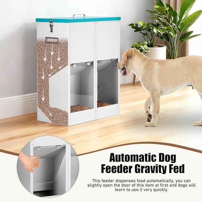 46Lb Gravity Automatic Dog Feeder for 2 Dogs, No Assembly Required | Galvanized Metal Self Feeding Dog Food Dispenser, Double Pet Feeder for Outdoor and Indoor Use