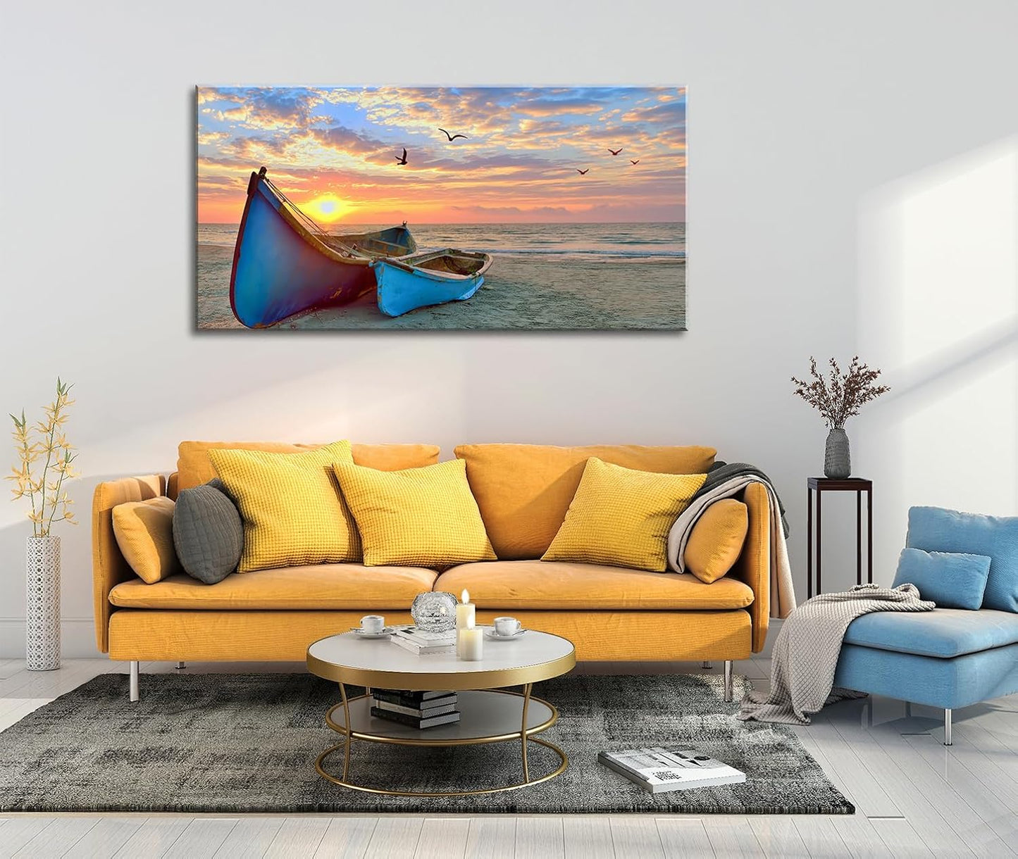 weiyiart Beach Wall Art Decor for Living Room Ocean Boat Canvas Picture for Wall Gold Sunset Painting for Bedroom Seascape Theme Art Print for Bathroom Home Office Decoration Ready to Hang 24x48 Inch