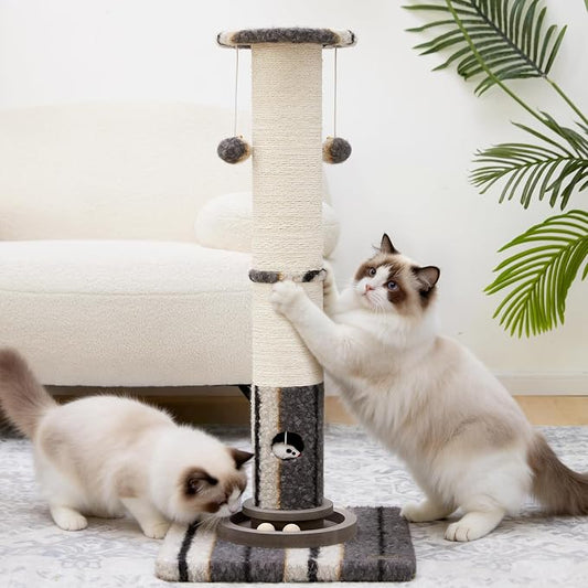 Woochpet Cat Scratching Post 34 Inch Tall Heavy Duty Sisal Scratcher with Interactive Track Mouse Toy Condo Top Jingle Balls for Indoor Kittens,Grey