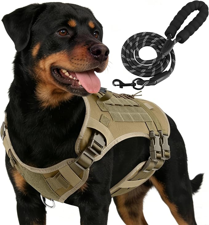 YooxArmor No Pull Dog Harness and Leash Set, Tactical Adjustable for Medium Sized Dog, Easy Walk Soft Vest Padded Oxford for Training Hiking (Khaki-M)