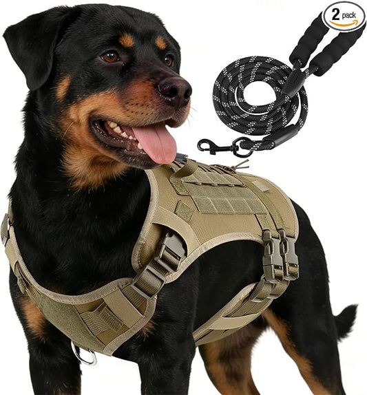 YooxArmor No Pull Dog Harness and Leash Set, Tactical Adjustable for Large Dog, Easy Walk Soft Vest Padded Oxford for Training Hiking (Khaki-L)